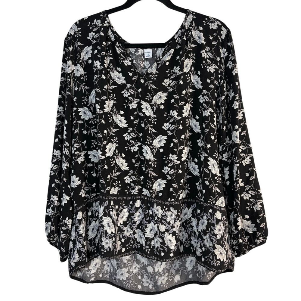 Old Navy Black White Floral V-Neck Flowy Peasant Blouse Top XL